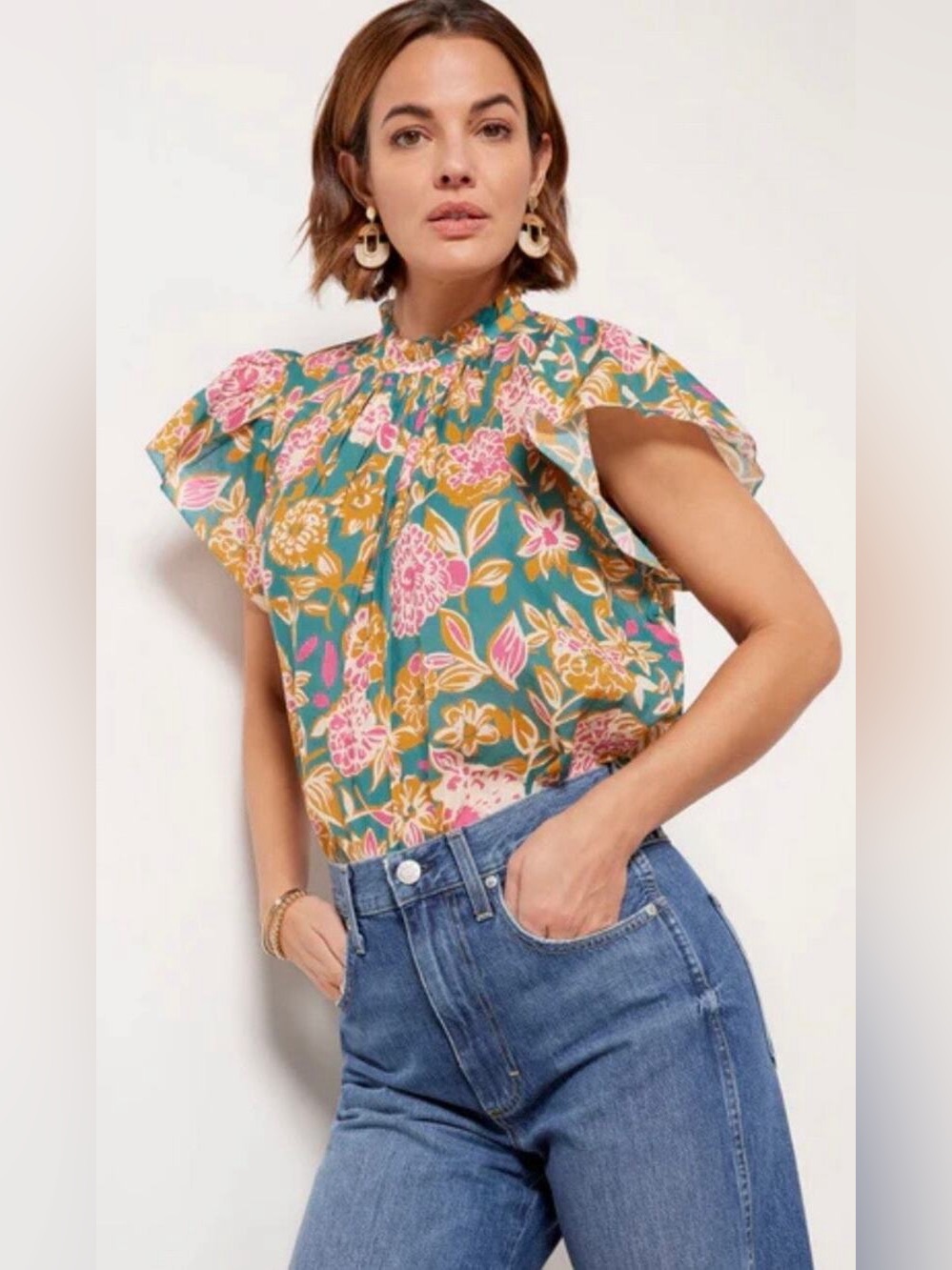 NWT Trovata Teal Floral Carla Highneck Blouse with Pink and Mustard Print Small